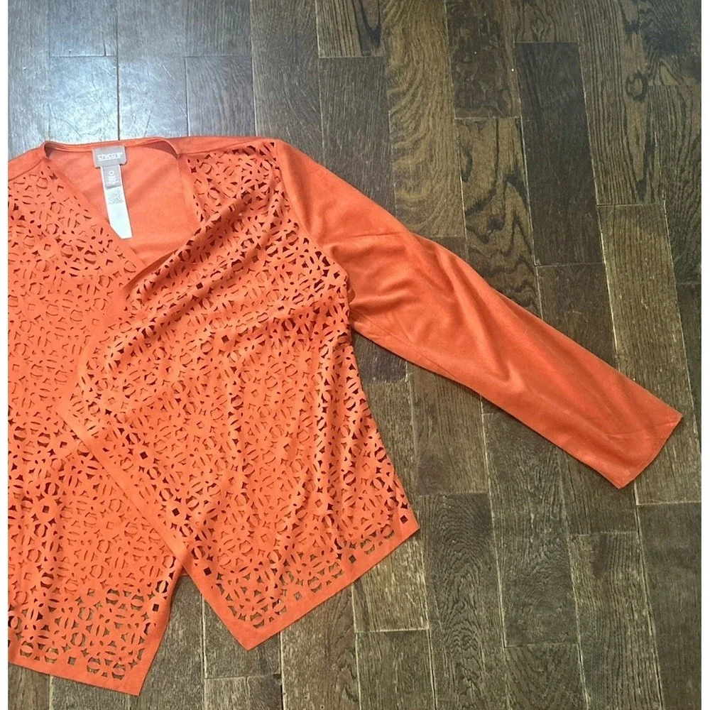 Chicos Size 0 (small)Orange Laser Cut Perforated Drape Front Faux Suede Jacket